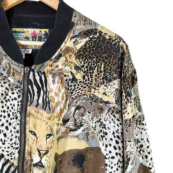 Vintage 80s Atlantic Beach 100% Silk Safari Animal Lightweight Bomber Jacket, XL - Picture 4 of 15